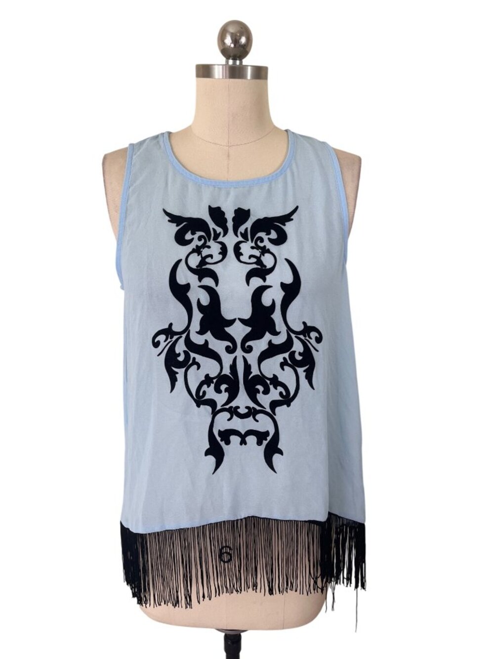 Y2K Boho Coastal Cowgirl Tunic Top Medium Blue Fringe Burnout Velvet Festival